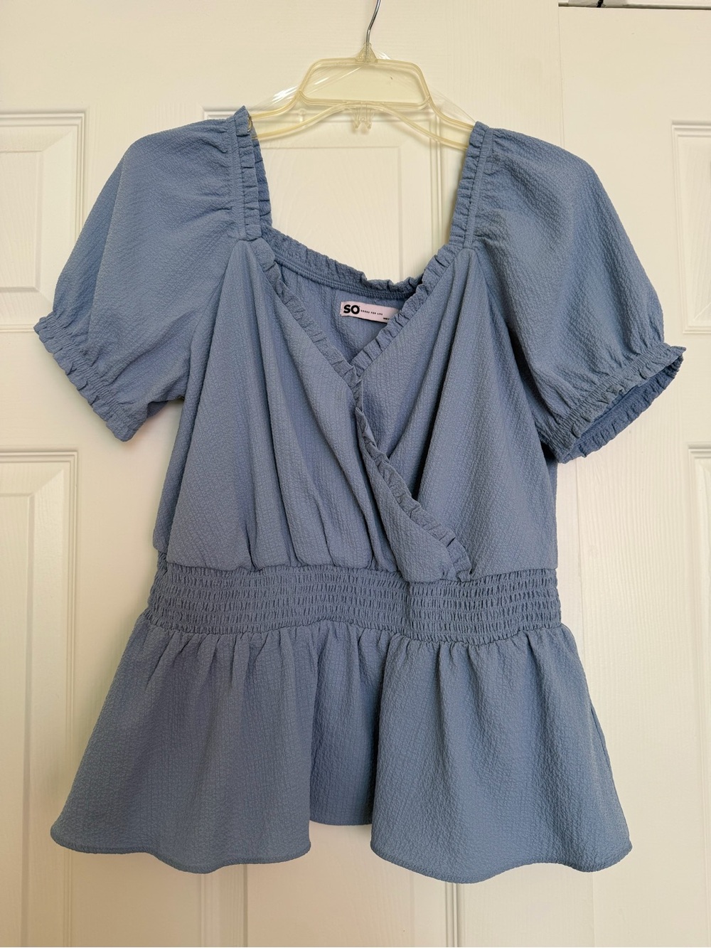 SO™ Dusty Blue Wrap Peplum Blouse